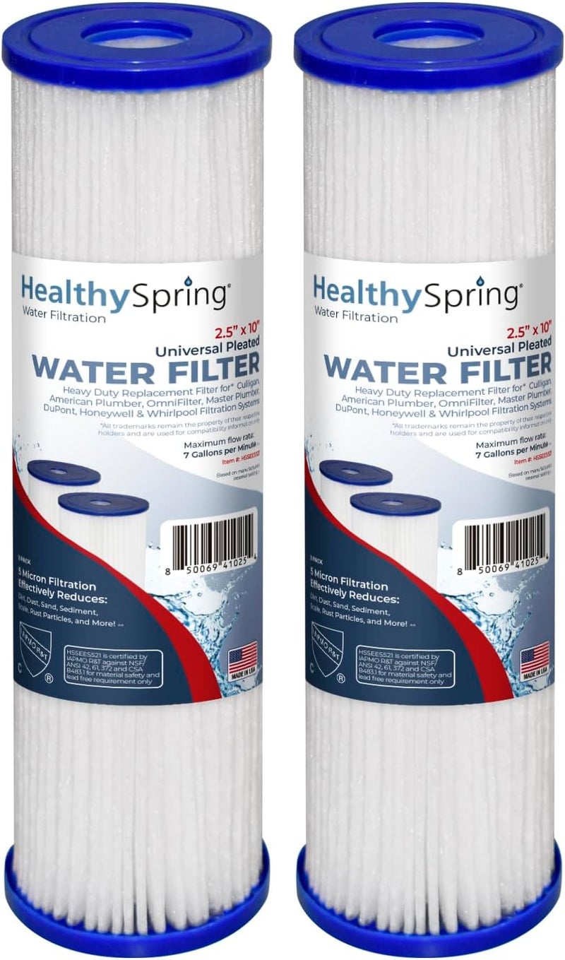 Healthy Spring Store High-Performance 5 Micron 10x2.5 Whole House Pleated Sediment Filter Cartridge for Well Water Filter Replacement Compatible with WFPFC3002, WHKF-WHPL, Made in USA, 2 Pack - Image 1